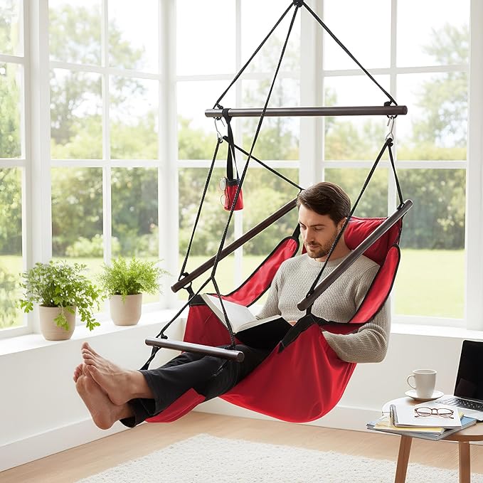 ONCLOUD Hammock Chair Hanging Swing Seat Air Deluxe Rope Through Beech Wood Bars Drink Holder &amp Fuller Pillow Safer Relax for Indoor Outdoor 250Lbs Red