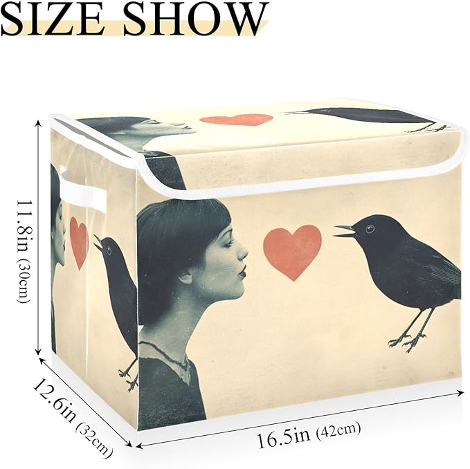 AIXIWAWA Lidded Storage Cube (Woman Bird Heart) Fabric Foldable Closet Bins with Flip Lid and Handles Organizer Basket Container 16.5 x 12.6 x 11.8 IN
