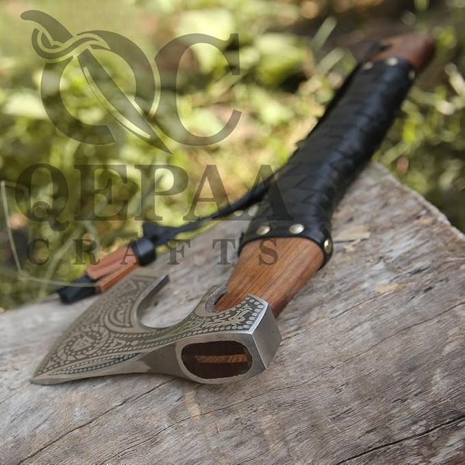 Qepaa Crafts®Russian Valknut Wood Viking Style Bearded Axe Tomahawk - Real Hatchet Best Gift for Anniversary Valentine's Day BirthdayLeather Sheath with Leather Wrap Handle Perfect Hand Grip (SFL)