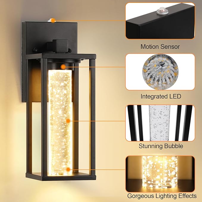 WIHTU Dusk to Dawn Porch Light Sensor Outdoor Light Fixture for House with Crystal Bubble Modern Matte Black Exterior Lighting Fixtures 2 Pack Outside Lanterns for Garage Entryway