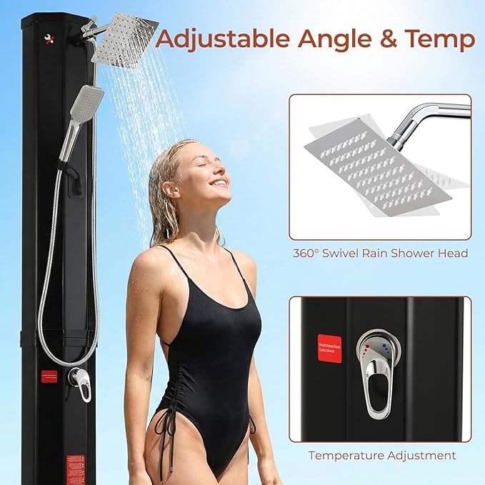 TLSUNNY 10.6 Gallon Solar Heated Shower 7.4FT Height Outdoor PVC Freestanding Shower W/360 Rotating Rainfall Handheld Head Temperature Adjustment &amp Foot Faucet for Pool Backyard Beach (10.6