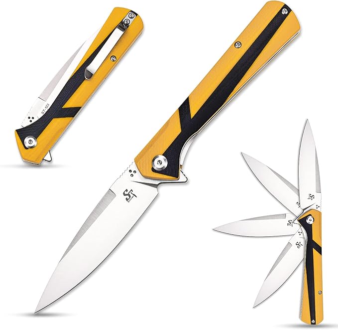 Sitivien ST123 Folding Knife D2 Blade and G10 Handle EDC Tool Knife with Pocket Clip for Outdoor Camping EDC(Yellow)