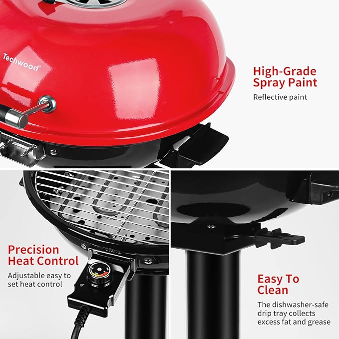 Electric Grill Outdoor BBQ Techwood 15-Serving Indoor/Outdoor Electric Grill for Indoor &amp Outdoor Use Double Layer Design Portable Removable Stand Grill 1600W (Stand Red BBQ Grills)