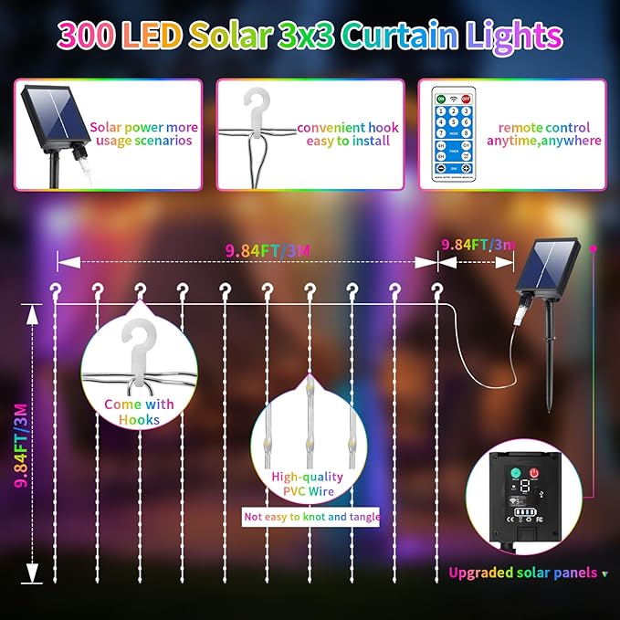Solar Curtain Lights 10x10Ft 300LED Twinkle Fairy String Lights Multicolor Cool White Dual Color Changing Dimmable Waterproof Remote Timer Memory for Christmas Wedding Pergola Patio Outside
