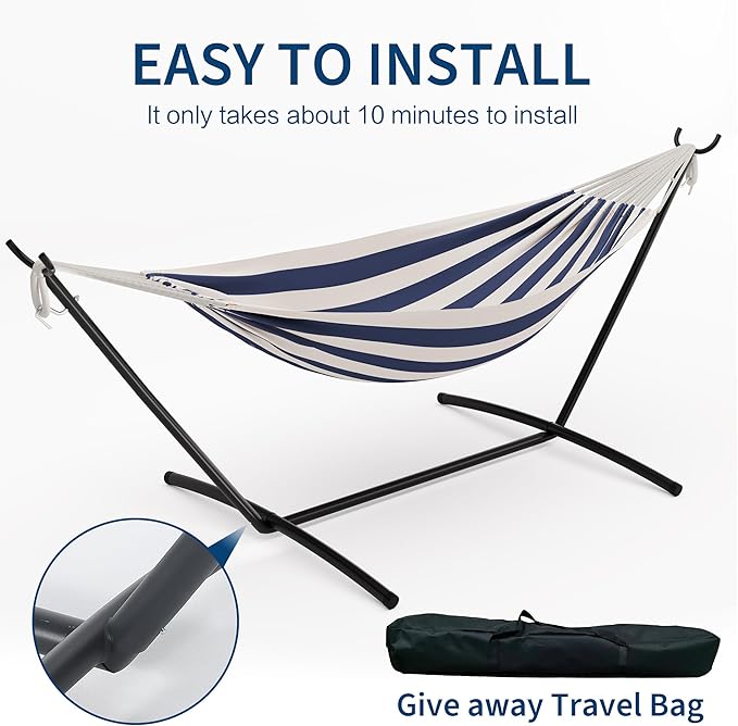 GAOMON Double Hammock with Steel Stand for Outside Portable Space Saving for Indoor Outdoor Patio w/Carrying Bag 450 lbs Capacity - Blue&ampWhite Stripes