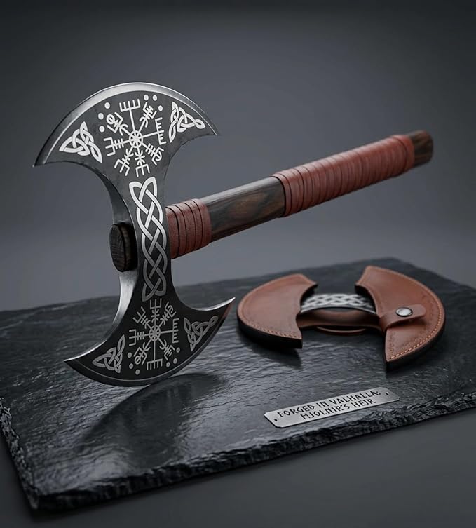 FORGE HIDE - Double Headed Viking Axe 27 High Carbon Steel Norse Dane Axe with Ash Wood Straight Shaft Scandinavian Nordic Axe Leather Scabbard Gift for Men