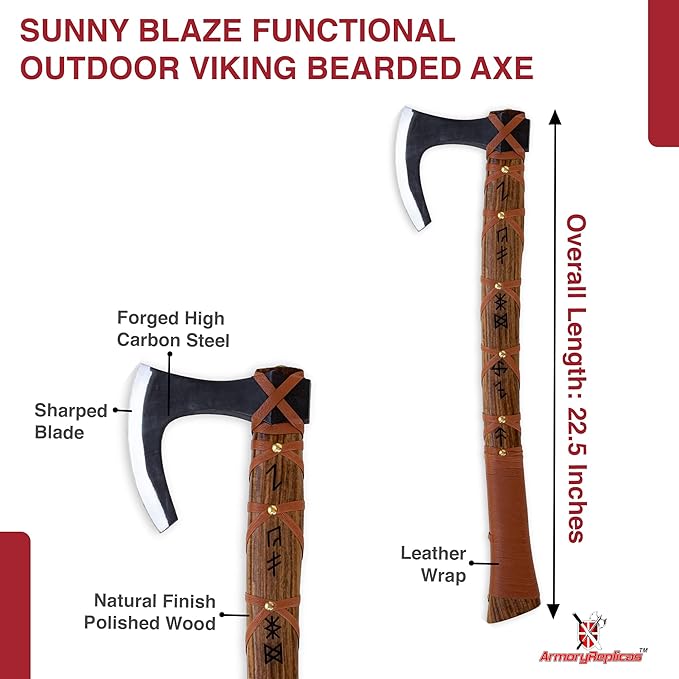 Armory Replicas™ Sunny Blaze Viking Bearded Axe – 22.5 Hand Forged High Carbon Steel Axe with Sheesham Wood Handle &amp Runes