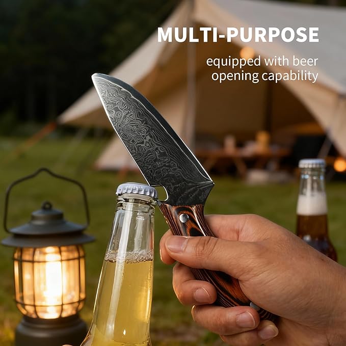 SODEN Damascus Camping KnifeVG-10 Fixed Blade Survival Tool with Bottle Opener for Outdoor Hunting &amp Hiking | Full Tang &amp Ergonomic Handle