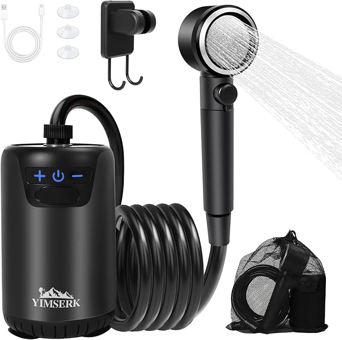8000mAh Portable Camping Shower 10-Speed Camp Shower Pump LED Display 4 Spray Modes IPX8 Waterproof Outdoor Shower Kit for Hiking Travel Pet Car Wash