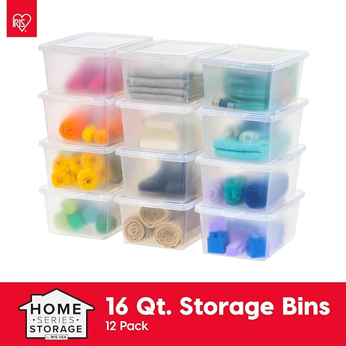 IRIS USA 12-Pack Storage Bins with Lids 17 Quart Shoe Boxes Clear Stackable Containers Organize Shoes Closet Shelves Classroom Organization Teacher Tools Game Storage - BPA-Free Plastic