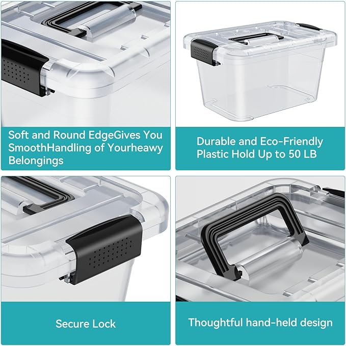 Nazhura Plastic Storage Bin Stackable and Nestable Storage Boxes with White Lids and Secure Latching Buckles Large Storage Container (CLEAR 6QT 12PACK)