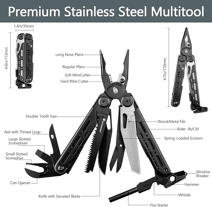 HX OUTDOORS 19 In 1 Pocket Multi Tool Stainless Steel Multitools Pliers with Fire Starter and Glass Breaker Folding EDC Camping Survival Tools for Men (Black)