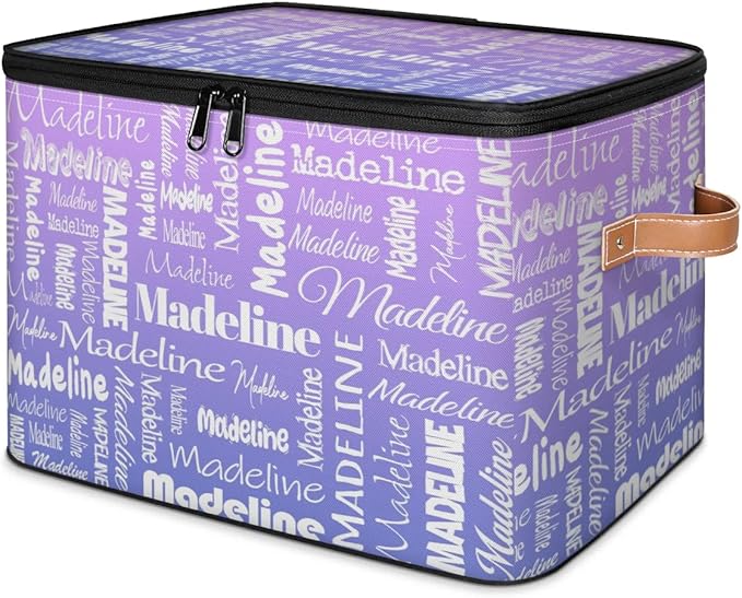 Custom Storage Basket with Name Personalized Keepsake Box with Zipper Lid Foldable Fabric Memory Bin Large capacity with Handle Purple