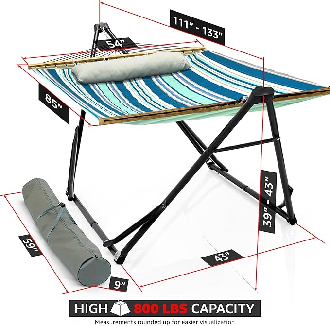 Tranquillo Unity Adjustable Hammock Stand 800 lbs Capacity Steel Double Hammock Stand for 2 Persons Premium Pre-Assembled Stand for Indoor Outdoor Blue Leaf