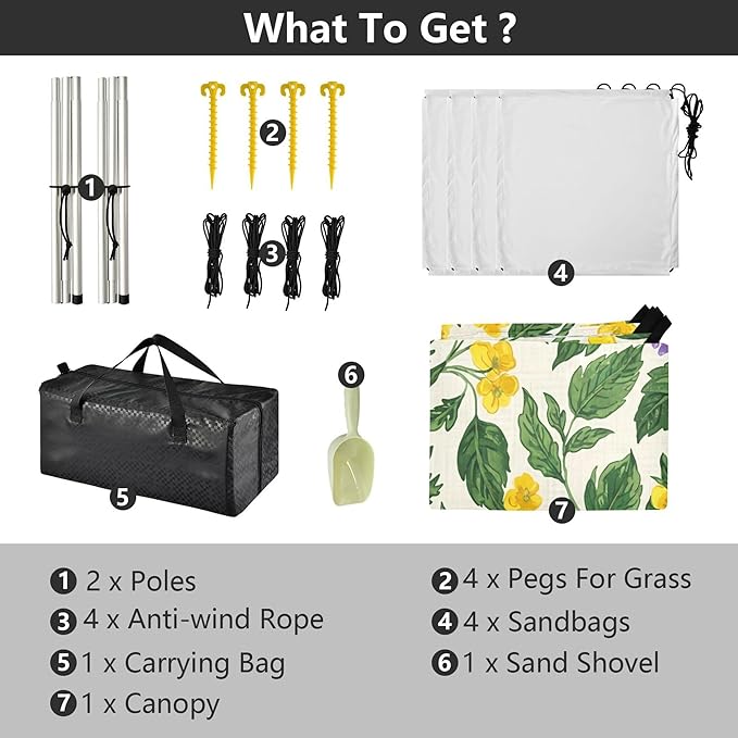 Wildflowers Beach Canopy Sun Shelter with Sandbags &amp Sand Shovel &amp Windproof Ropes - Portable 110x126 Beach Shade Beach Tent for Camping Picnics