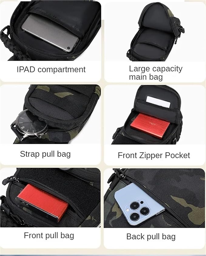Men's Fishing Chest Bag Tactical Sports Shoulder Fanny Pack Camping Cycling MOLLE Sling Bags EDC(BKCamo)