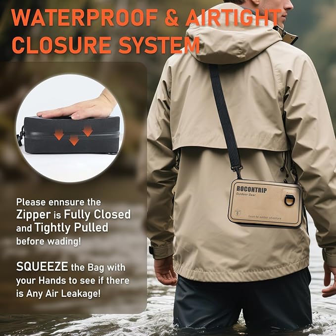 ROCONTRIP 100% Waterproof Dry Bag Dry Waist Pack with Airtight Zipper Adjustable Strap Sling Bag Lightweight Crossbody Dry Bag for Kayaking Snorkelling and Swimming (Khaki)