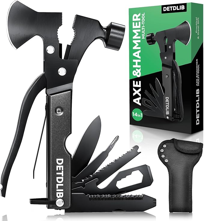 15-in-1 Multitool Axe Hatchet Birthday Gifts for Men Essential for Camping Hiking Cool Gadget Gifts for Men. Women Dad Him Husband Father Mechanic Boyfriend Black