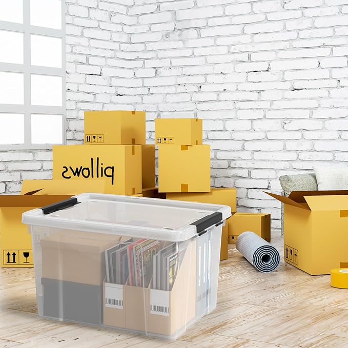 Set of 4 50 L Stackable Plastic Storage Container with Latching Lids and Wheels Clear Home Garage Organization Bins Box See-Through