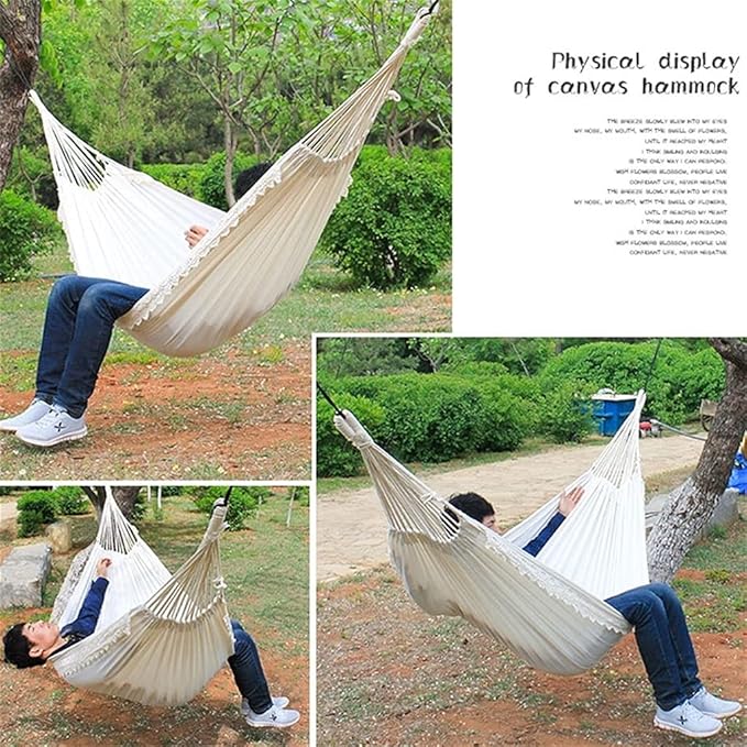 Portable Hammock Portable Hammock White Canvas Single Person Hammock Swing Bed Hanging Chair Lounger Brazilian Macrame Fringe Hammock for Backpacking Beach