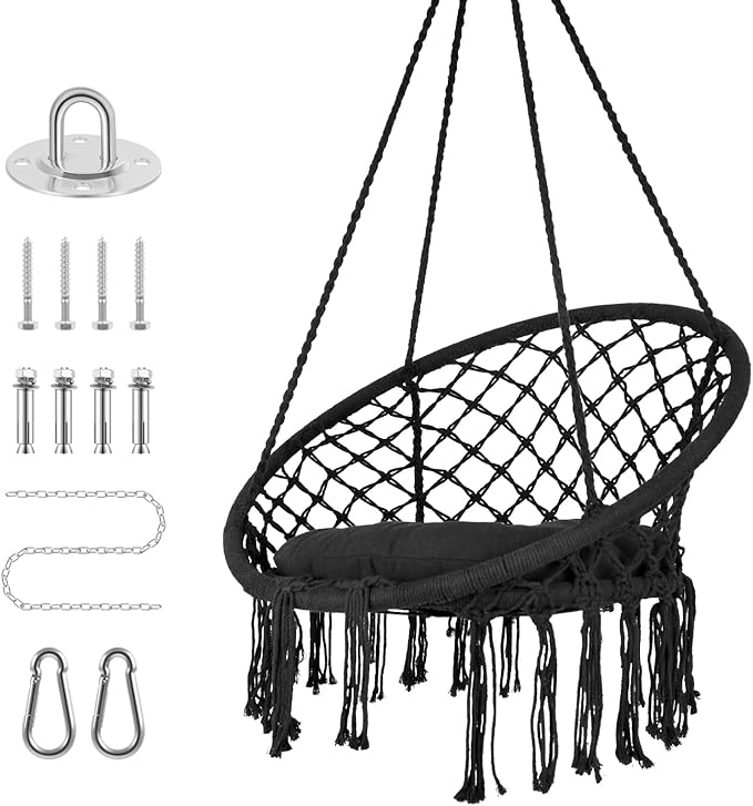 Vohala Macrame Hanging Chair Hammock Chair with Large Comfy Cushion Boho Swing Chair for Bedroom Patio Balcony Garden Holds up to 264 lb Accessories Included Cream White