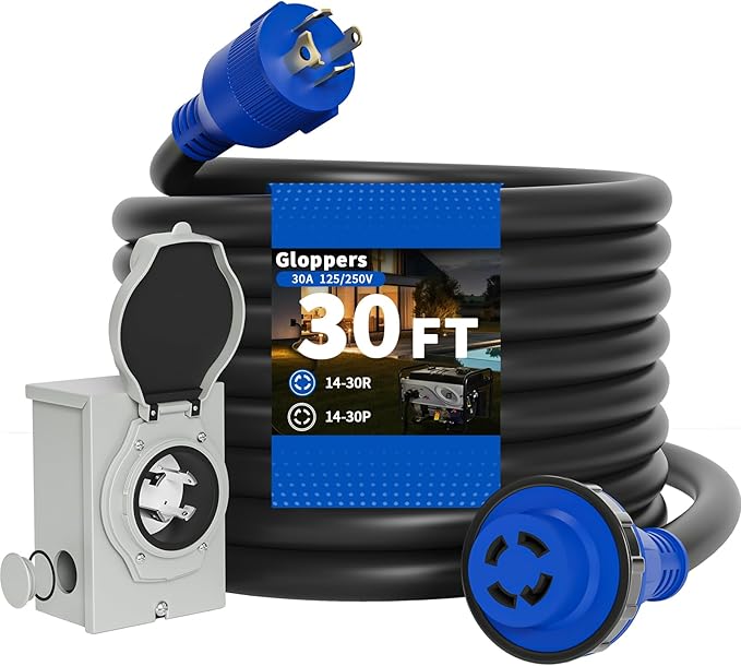 30 Amp Generator Cord and Power Inlet Box 30FT 125V/250V 4 Prong SJTW Generator Extension Cord Pre-Drilled 30 Amp Inlet Box Interlock Kit NEMA L14-30P to L14-30R Twist Locking ETL Listed