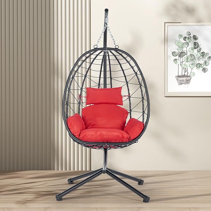 Hanging Egg Chair with Stand Black Wicker Rattan Swing Egg Chair Indoor Outdoor Swing Chair for Patio Balcony Porch Bedroom 350 LBS Capacity (Red)