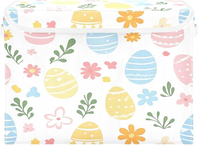 Christmas Storage Baskets with Lids Colorful Easter Egg Collapsible Bins Stackable Fabric Linen Baskets Closet Organizer Container 16.5x12.6x11.8