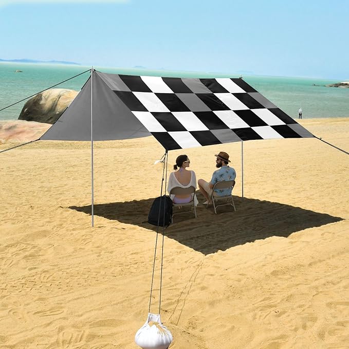 xigua Plaid Beach Tent Sun Shelter with Carrying Bag - Silver Coated Oxford Fabric Beach Canopy for Beach Camping Fishing - Includes Windproof Ropes Sandbags &amp Stakes