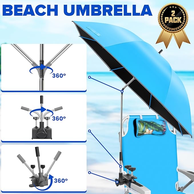 Beach Umbrella2PACK 48.7inch Chair Umbrella with Clamp adjustable 360°UV Protection Large Camping Chair Umbrellas for Camping chair Glof CartTable(ChairTable not include)