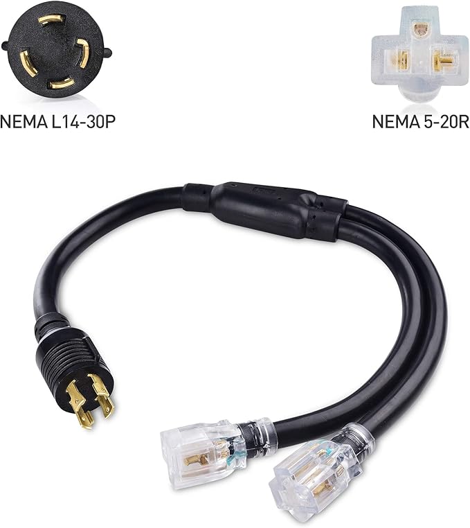 Cable Matters LED-Lit 4 Prong 30 Amp to 15 Amp Adapter for Generator - 30 Inches NEMA L14-30P to 2X 5-20R 30A to 110 Adapter Splitter