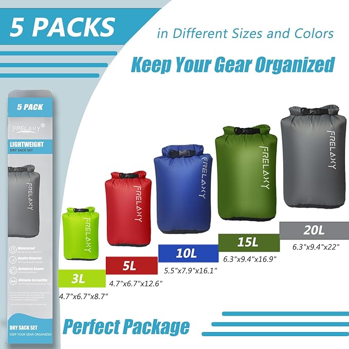 Frelaxy Dry Bag 3-Pack/5-Pack Ultralight Dry Sack Outdoor Bags Keep Gear Dry for Hiking Backpacking Kayaking Camping Swimming Boating