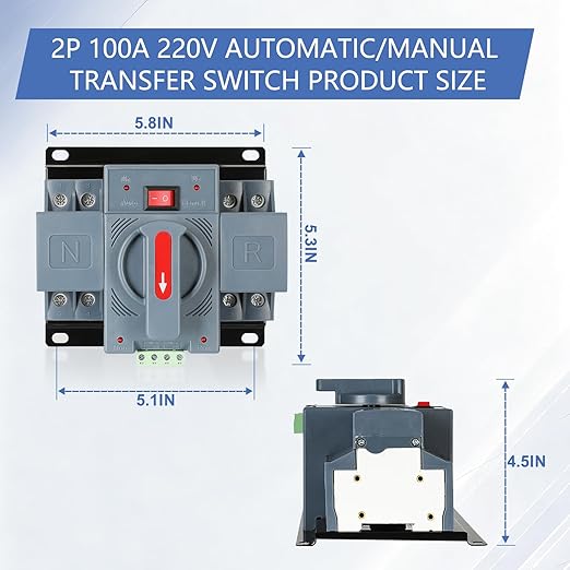6-100amp AC220V Automatic/Manual Transfer Switch 2P 50/60Hz 2POLE 100A ATS Auto Changeover Dual Power Switch for GeneratorCE Certified ATS Solar Back Up Power Auto Selector Overvoltage Undervoltage
