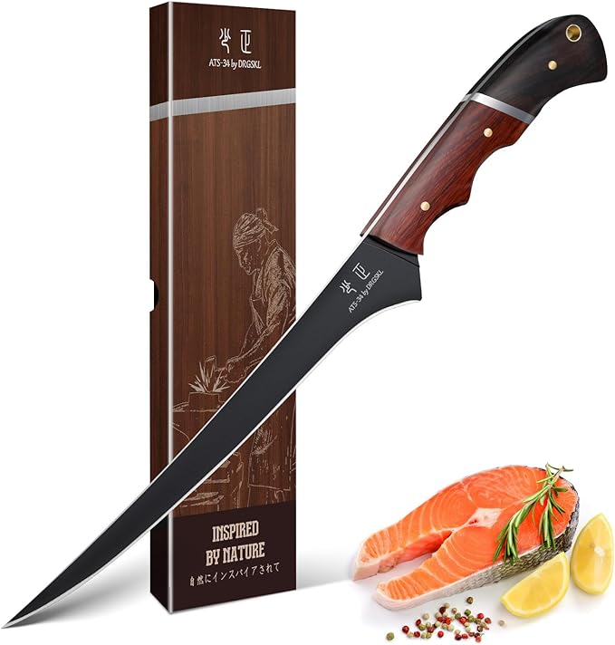 Fish Fillet Knife 7inch - Black Meat Slicing Knife in High Carbon Steel Boning Knives for Meat Poultry Chicken Trimming Fish Knives with Wooden Handle Gift for Men