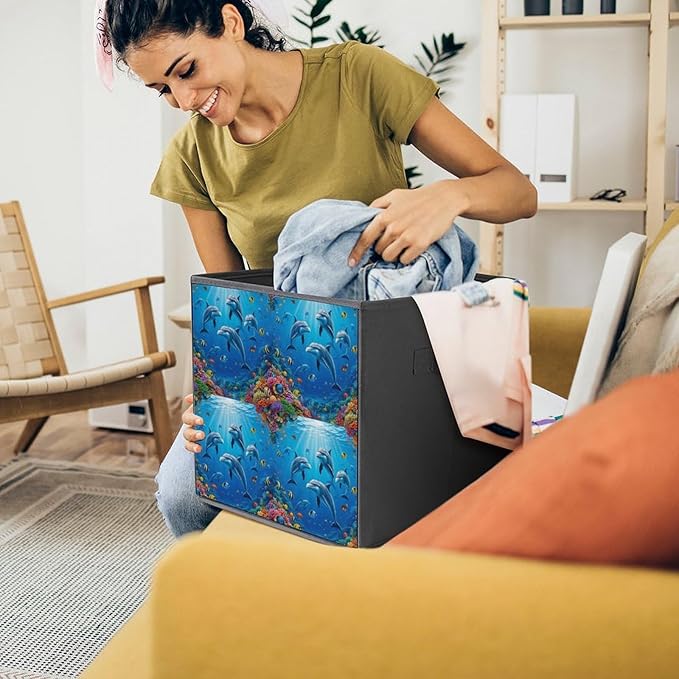 Foldable Storage Box with Handles Dolphin Underwater World Durable Collapsible Cube Bin for Organizing Toys Books Clothes Versatile Home &amp Office Solution