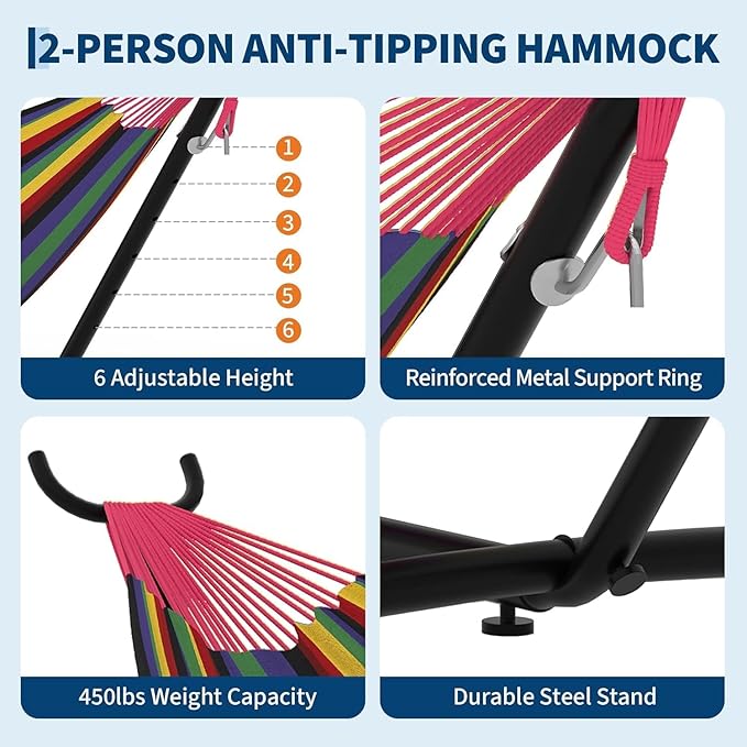 TrailBlaze Double Hammock with Stand Heavy Duty Portable Steel Hammock Set for Outdoor and Indoor Use 500lb Capacity Includes Carrying Bag Space Saving DesignQuick Assembly