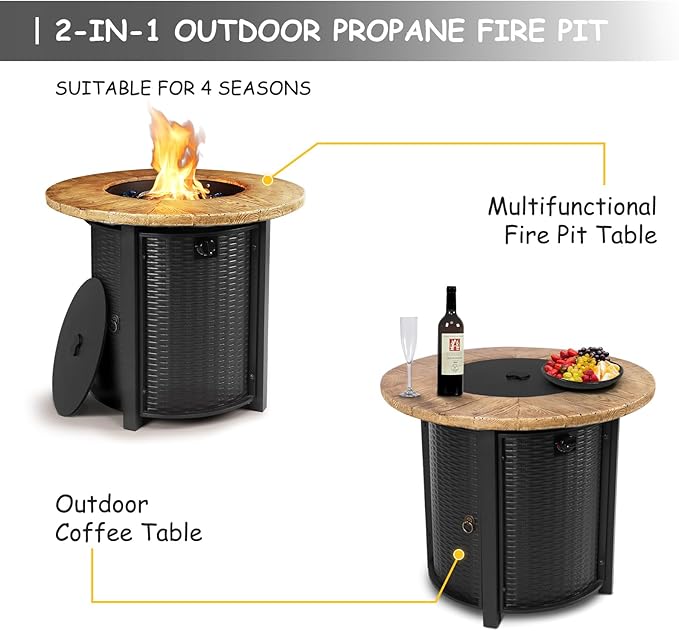 30 Inch Round Propane Fire Pit Table50000 BTU Iron Gas Fire Pit with LidIgnition Systemsw/Glass Stones and Rain CoverOutdoor Firepit Table for Patio &amp Deck