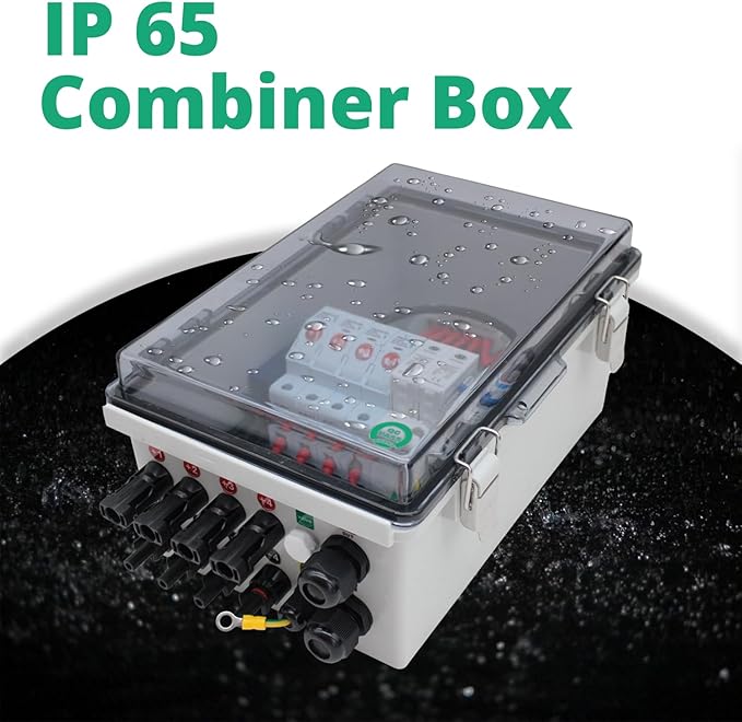 4 String PV Combiner Box Solar Combiner Box with Lightning Arreste 15A Rated Current Fuse and Circuit Breaker Waterproof Combiner Box for On/Off Grid Solar System(Transparent with Lock)