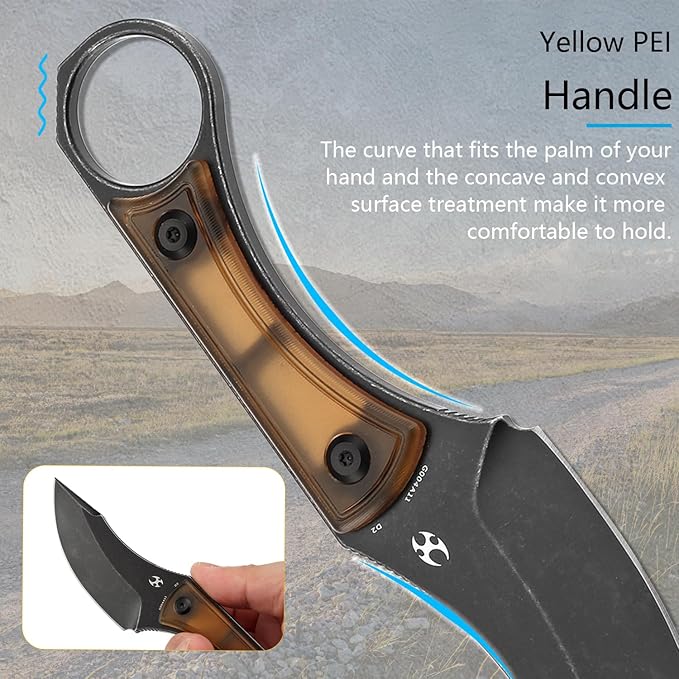 KANSEPT Niko Fixed Blade Knife 3.54'' Blackwash D2 Sharp Blade with Yellow PEI Fine Texture Handle Adjustable Kydex Sheath for Edc Hunting Survival Camping G004A11