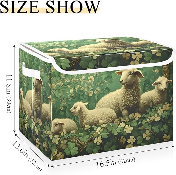 Storage Cube with Lid Green Leaves Sheep Print 16.5×12.6×11.8 IN Collapsible Large Capacity Foldable Storage Basket Bin Organizer