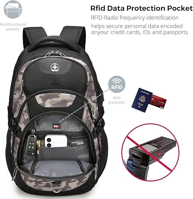 Swissdigital Design Laptop Backpack with USB Charging Port Travel Backpack Fits 15.6 inches Computer 31L College School Backpack for Men Khaki Camo | SD803-94