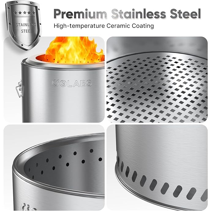 Golabs Smokeless Fire Pit 19.5 Portable with Handle Stainless Steel Outdoor Firepit with Removable Ash Pan &amp Fire Poker Easy to Clean Efficient Heating &amp Less Ash Perfect for Backyard &a