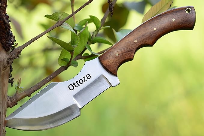 Ottoza D2 Steel Camping Tracker Knife with Wood Handle and Horizontal Carry Leather Sheath – Full Tang Outdoor Hunting Knife 116