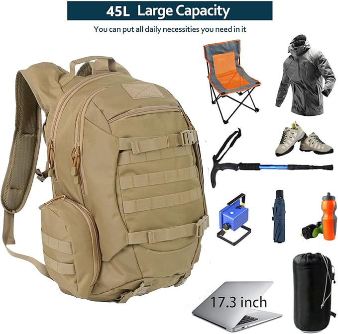 45L Waterproof Fishing Hunting Backpack Outdoor Military Rucksacks Tactical Sports Camping Hiking Trekking Bags (Khaki)