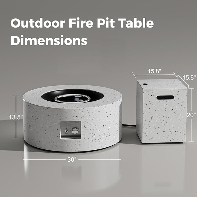 30' Outdoor Fire Pit Table with 50000 BTU Output Premium Gas Fire Pit Tables for Outside Patio Round Propane Fire Pit with Glass Stones Waterproof Cover (White 30 inch)