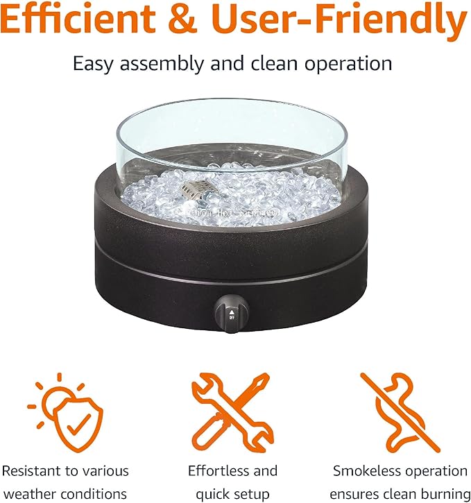 Amazon Basics 14-Inch Round Propane Fire Pit 9000 BTU Portable Tabletop Fireplace with Glass Stones Umbrella Hole Compatible for Outdoor Patio Tables Gas Fire Pit for Dining Brown