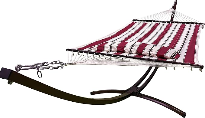 15 Ft. Indoor/Outdoor Heavy Duty Brown Steel Arc Hammock Stand &amp Premium Quilted Hammock Bed w/Pillow.(Elegant Red/White Stripe)