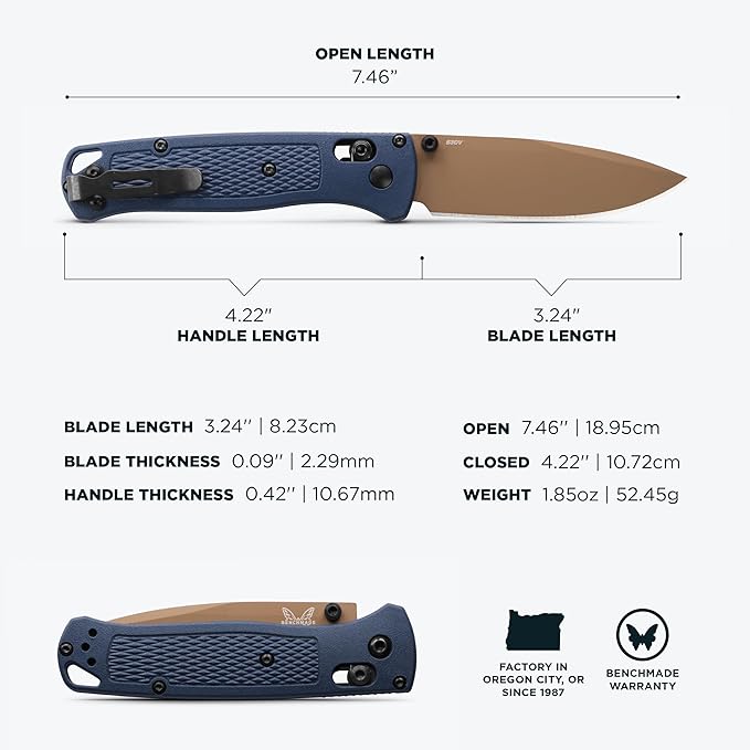 Benchmade - Bugout Outdoor EDC Folding Knife Slim Lightweight Plain Edge Drop-Point Blade CPM-S30V Stainless Steel (58-60HRC) Grivory Handle (535FE-05)