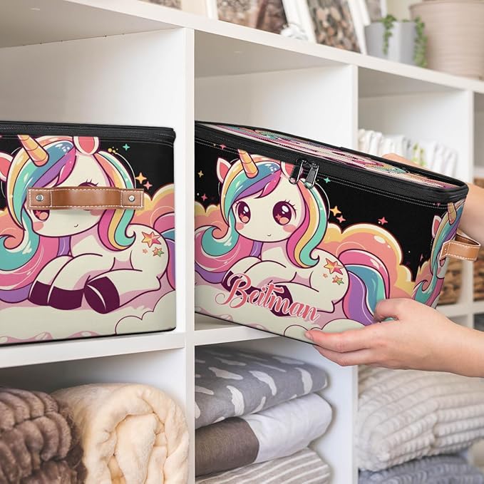 Storage-Bins with Lids Handle Customized Stackable-Storage-Bin for Kids-Boys-Girls-Toys Cube Collapsibl Basket Unicorn Black
