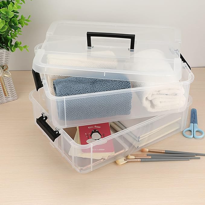 JUXYES 2-Tiers Stack Carry Storage Box With Handle Transparent Stackable Storage Bin With Handle Lid Latching Storage Container for School &amp Office Supplies